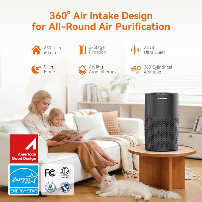AIRROMI Pets Air Purifier for Home Allergies,Up to 660 ft².HEPA Deodorizing Activated Carbon Filter,With Fragrance Sponge for Better Sleep,Night Light,Pet Dander,Smoke,Odors,Air Cleaner A2002 Black