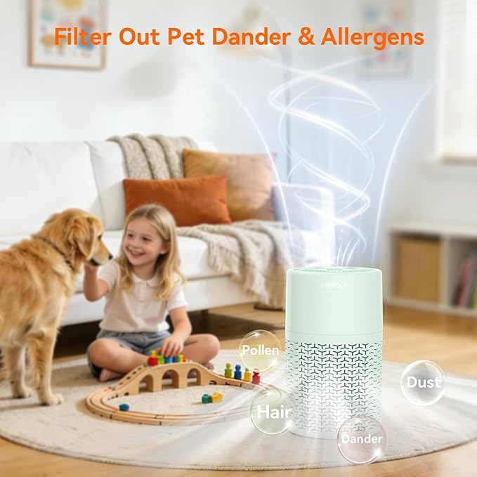 AIRROMI Pets Air Purifier for Home Allergies,Up to 660 ft². HEPA Deodorizing Activated Carbon Filter,With Fragrance Sponge for Better Sleep,Night Light,Pet Dander,Smoke,Odors,Air Cleaner A2002 Green