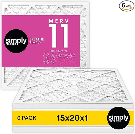 Simply 15x20x1 Air Filter, Merv 11, 6 Pack, For Home AC Furnace & HVAC (Actual Size: 14.75"x19.75"x0.75") DUST, Pet, & Allergy Control