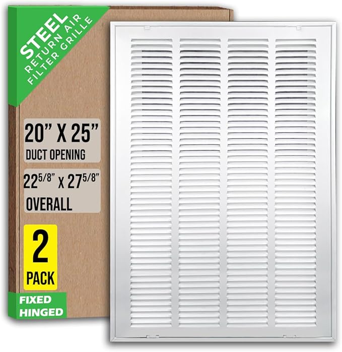 [2 Pack] Fits 20x25 Duct Opening | Steel Return Air Filter Grille by Handua [Fixed Hinged] Vent Cover Grill for Sidewall and Ceiling | White | Outer Dimensions: 22 5/8"W X 27 5/8"H
