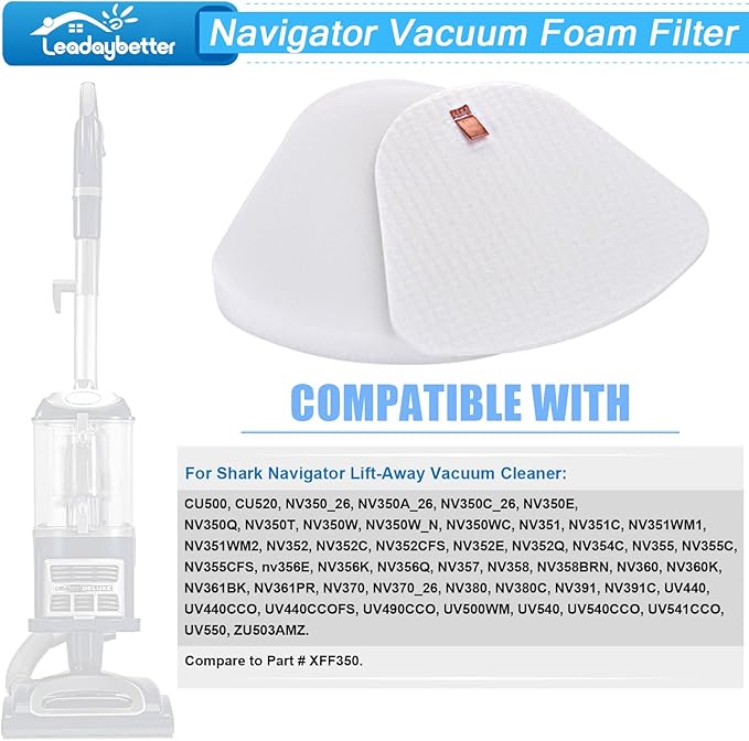 Leadaybetter Foam Replacement Filters for Shark Navigator Lift-Away Deluxe NV350 NV351 NV352 NV355 NV356E NV357 NV360 NV370 NV391 UV440 UV490 UV540, Part # XFF350