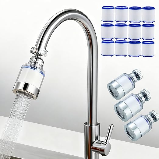 3 Pack Sink Water Filter Faucet, Universal 360 ° Rotating Bathroom Sink Filter, Kitchen Faucet Water Filter Removes Chlorine Fluoride Heavy Metals Hard Water for Home Bathroom Kitchen (Blue)