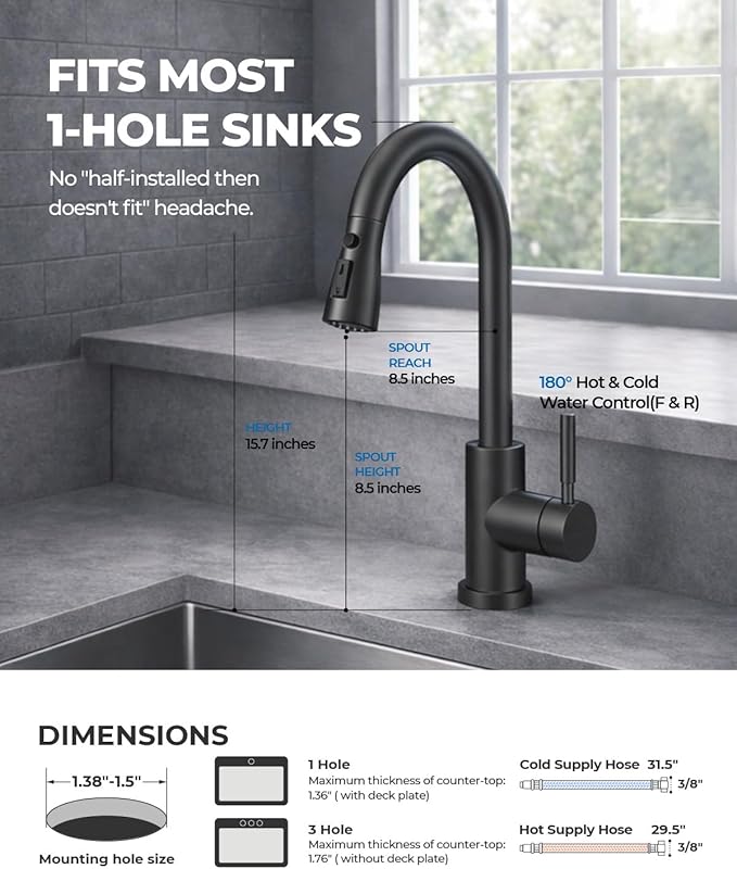 WEWE Kitchen Faucets with Pull Down Sprayer, Stainless Steel Single Handle 1 Hole for Family Kitchen Commercial Camper Laundry Rv Bar, Matte Black