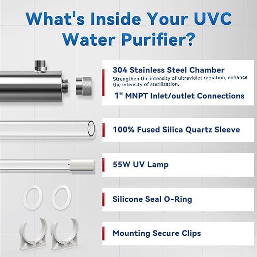 UV Water Filter Whole House, 1" MNPT 55W Water Purifier System for Whole House Water Purification,12 GPM, 120V, 1500H Lamp Life, +1 Extra Lamp