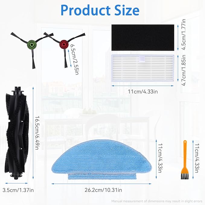 Replacement Parts for Tikom L9000,L8000,Lubluelu SL60D,HONITURE Q6 SE,Laresar L6 Nex Robotic Vacuum Cleaner - Spare Accessories - 1 Main Roller 8 Side Brushes 4 HEPA Filters 4 Mop Pads and 1 Brush