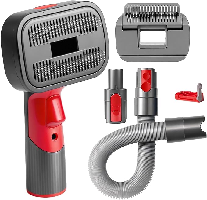 2-in-1 Pet Grooming Kit Compatible with Dyson V7 V8 V10 V11 V15 Vacuum,Dog Hair Vacuum Attachment Removes Loose Hair, Dander, Undercoat & Tangles Self-Cleaning with Extended Vacuum Hose & Trigger Lock