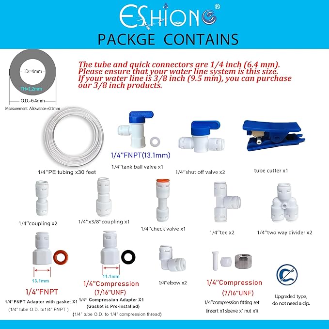 NSF Certified 1/4" O.D. Push to Connect Fittings for RO (Reverse Osmosis) Water Filter（ Fridge Installation Kits）20 pcs+30 feet 1/4" Water tubing.