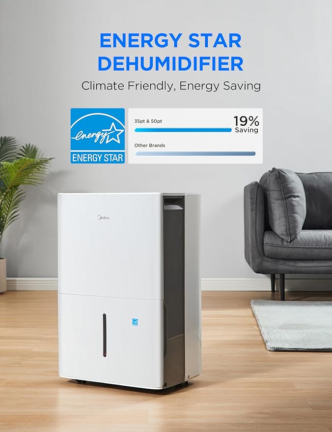 Midea 4,500 Sq. Ft.Dehumidifier for Basement, With Reusable Air Filter 50 Pint - Ideal For Basements, Large & Medium Sized Rooms, And Bathrooms (White)