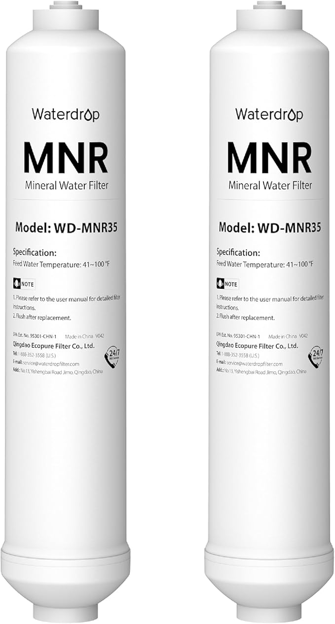 Waterdrop MNR35-2 Remineralization Filter, 1/4" Quick Connect Mineral Filter for Undersink Reverse Osmosis System, Restore Essential Minerals for RO System, RO Mineral Filter System, 2-Pack