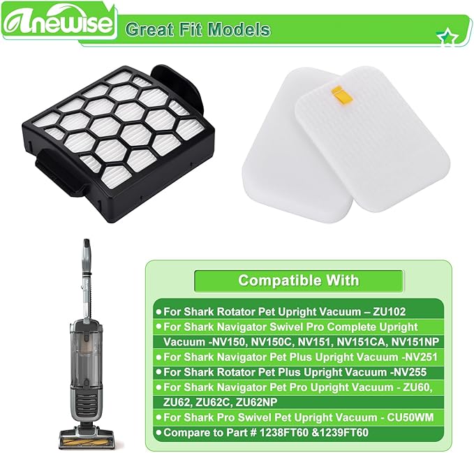 Replacement Filter for Shark Navigator Zero-M Pet Pro ZU102 ZU60 ZU62 ZU62C ZU55 NV150 NV150C NV151 NV251 Rotator Pet NV255 Upright Vacuum, 2 + 6 Foam Felt Filters, Part # 1238FT60 & 1239FT60