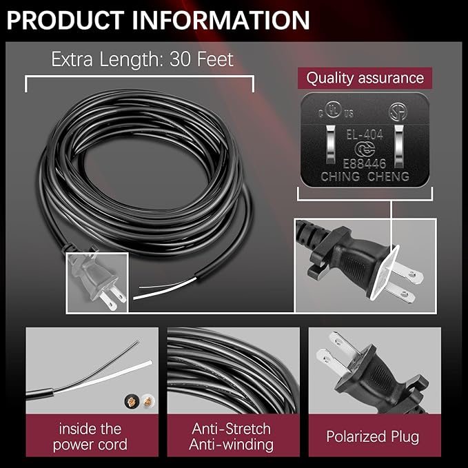 HASMX 30ft Extra Length 18/2 Replacement Vacuum Cleaner Power Cord for All Upright Vacuum Cleaner for Shark Eureka Sanitaire Bissell Vacuum Replaces Old Damaged 2-Prong Power Cord - Black Color