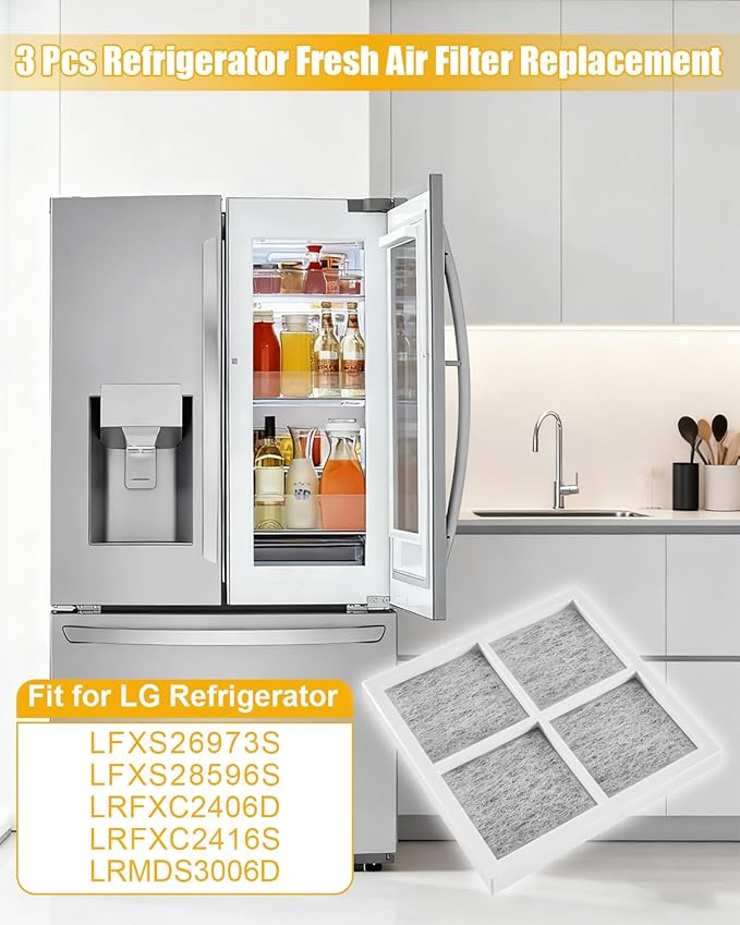 3 Pcs Refrigerator Air Filter Replacement compatible with LG LFXS26973S LFXS28596S LRFXC2406D LRFXC2416S LRMDS3006D Fridge, Activated Carbon Fresh Air Filter Replacement