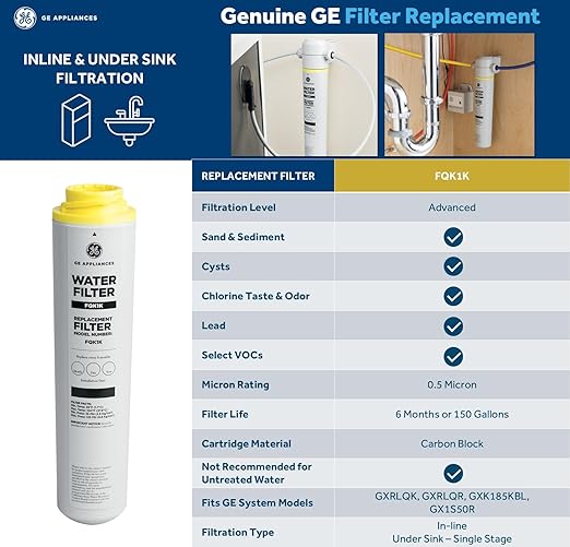 GE Single Stage Under Sink Water Filter System, Water Filtration System Reduces Impurities in Water, Easy Install, No Plumbing Required, Replace Filter (FQK1K) Every 6 Months, GXK185KBL