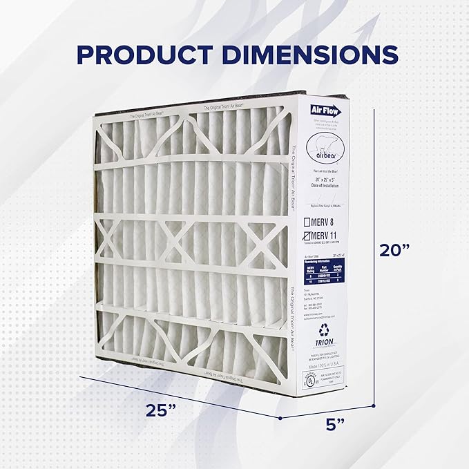 Trion Air Bear 20 x 25 x 5 Inch MERV 11 High Performance Air Purifier Filter Replacement for Air Cleaner Purification Systems, White (6 Pack)