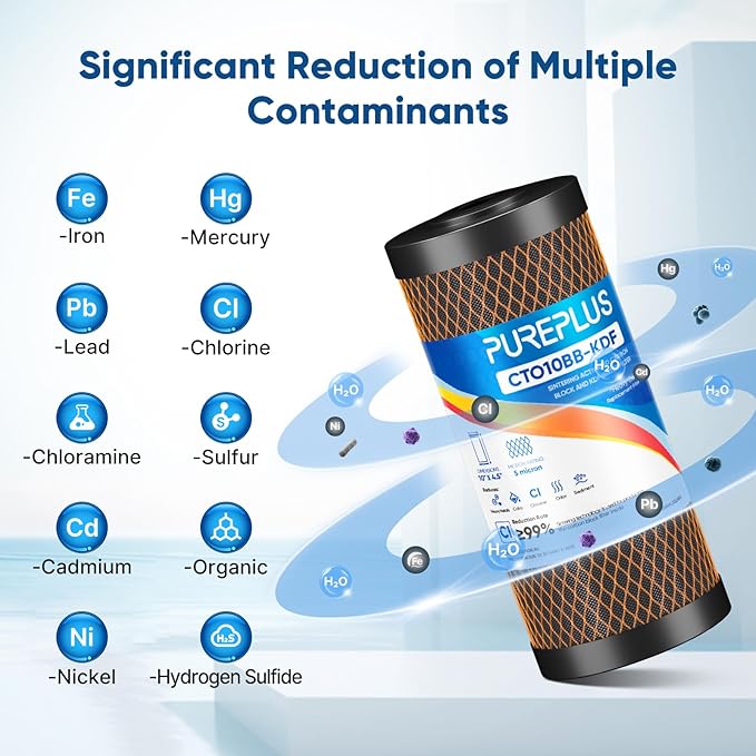 PUREPLUS 10" x 4.5" Whole House Carbon Water Filter Combo Pack, CTO10BB + CTO10BB-KDF + CTO10BB-CQB, 5 Micron, Lead & Heavy Metal Reduction, Fits GE GXWH40L, DuPont WFHDC8001, 3-Pack