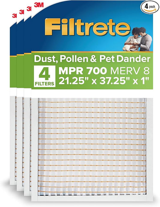 Filtrete 21.25x37.25x1 AC Furnace Air Filter, MERV 8, MPR 700, Tough on Pollen, Easy on Airflow, 3-Month Pleated 1-Inch Electrostatic Air Cleaning Filter, 4-Pack (Actual Size 21.06 x 37.06 x 0.65 in)