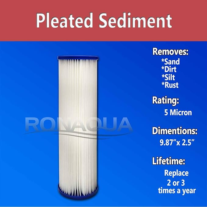 Pleated Sediment Water Filter Cartridge 9.87”x 2.5” Amplified Surface Area, Removes Sand, Dirt, Rust, Extended Filter Life WELL-MATCHED with WHKF-WHPL, 801-50, WB-50W, WFPFC3002, SPC-25-1050 (6 Pack)