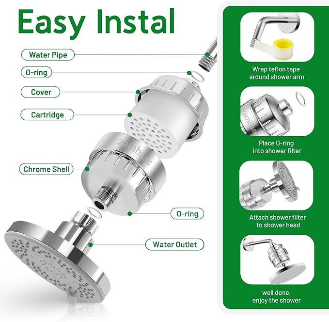 Shower Head Filter Reduction of Hard Water Chlorine & Heavy Metals to Soothe Dry Itchy Skin, Dandruff and Eczema for Healthier Skin & Hair Fits All Showers (Silvery)
