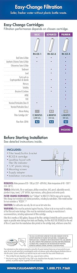 Culligan US 4 EZ-Change Under Sink Water Filtration System with Dedicated Faucet and Premium Filter for Clean Drinking Water, Single Unit, Chrome