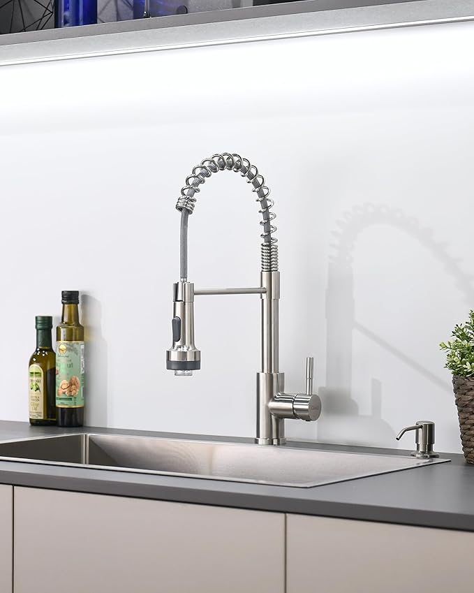GIMILI LED Kitchen Faucet with Soap Dispenser, Modern Single Handle Spring Kitchen Sink Faucets with Pull Down Sprayer