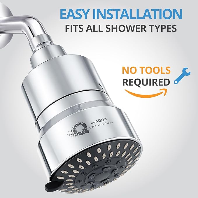 weAQUA Heavy Duty Filtered Shower Head – High Pressure 5 Spray Modes, Dermatologist Recommended for Softer-Feeling Skin & Hair, Advanced 99% Removal of Chlorine, Fluoride & Heavy Metals