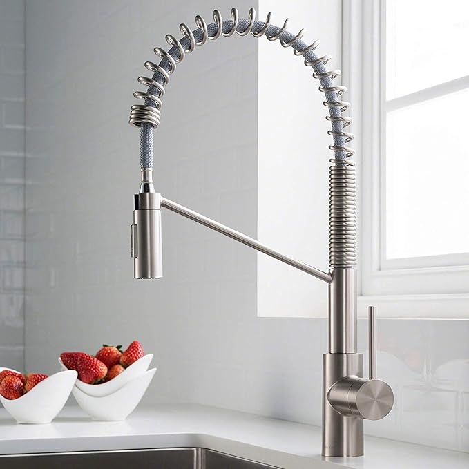 KRAUS Oletto Commercial Style Single Handle Pull Down Kitchen Faucet with QuickDock Top Mount Installation Assembly in Spot Free Stainless Steel, KPF-2631SFS