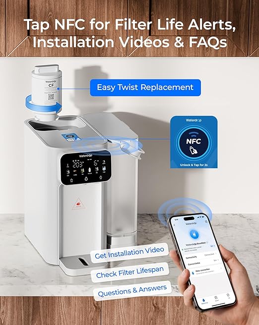 Waterdrop CT01 Countertop Water Filter System, Hot and Cold Water Dispenser with 6-Stage Filtration [𝐍𝐎𝐓 𝐑𝐎], 5 Temperature Options, Upgraded Product for Water Boiler, Touchscreen, White
