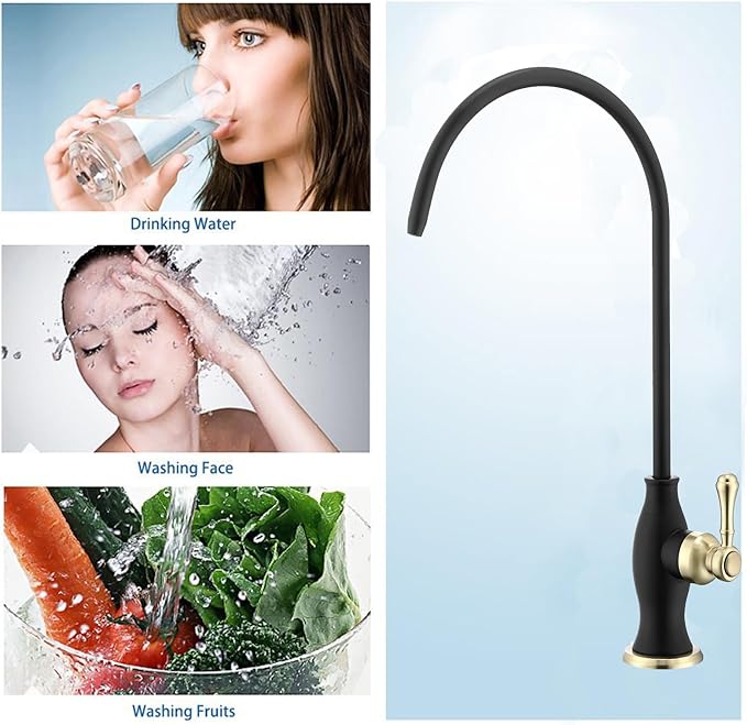 Delle Rosa Drinking Water Faucet, Stainless Steel Kitchen Water Filter Faucet, Commercial Water Filtration Faucet for Under Sink Water Filter System Black& Gold,Non-Air Gap