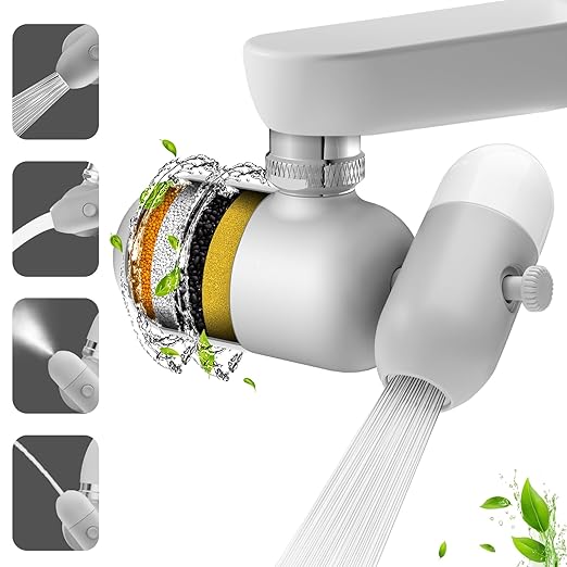 4 Modes Multifunctional Kitchen & Bathroom Water Filter for Sink Faucet with 2pcs Replacement Filters - 99.9% Chlorine Removal - Skin Hydration in 2 Weeks-Compatible with Most of Faucet
