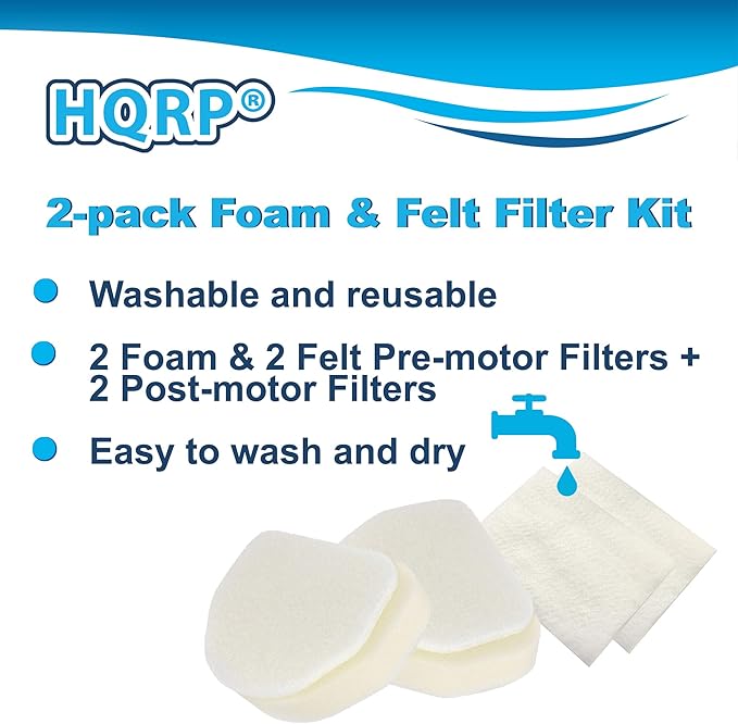HQRP 2-pack Foam & Felt Filter Kit Compatible with Shark Navigator NV100, NV100 26, NV105, NV106, UV300, UV300 26 Upright Vacuum Cleaner, Replacement parts XFF450, XFL100