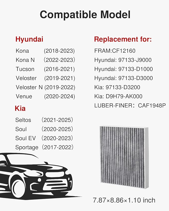 Puroma Cabin Air Filter with Activated Carbon, Compatible with CF12160, CAF1948P, Hyundai Kona 18-23, Tucson 16-21, Veloster 19-21, Venue 20-24, KIA Seltos 21-24, Soul 20-24, Sportage 17-22