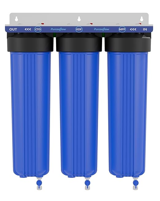 3-Stage Whole House Water Filter System, Heavy Metal Reduction, 20x4.5 Inch, Includes PP, KDF & CTO Carbon Block, 1" NPT Brass Ports, Drain Valves & Install Kit
