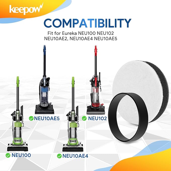 KEEPOW Vacuum Belts and Filters for Eureka Airspeed Compact Bagless Upright Vacuum Cleaner NEU100, NEU10AE4, NEU10AE5, NEU10AE2, NEU102 Series, Part #E0106 & E0105, 3 Pack