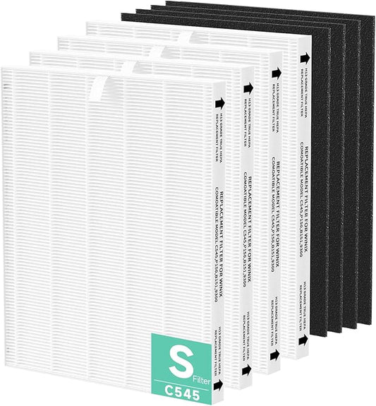C545 Replacement Filter Compatible with Winix C545 Purifier, HPEA Filter S, Part Number 1712-0096-00, 4×Filters + 4×Activated Carbon Pre-Filters