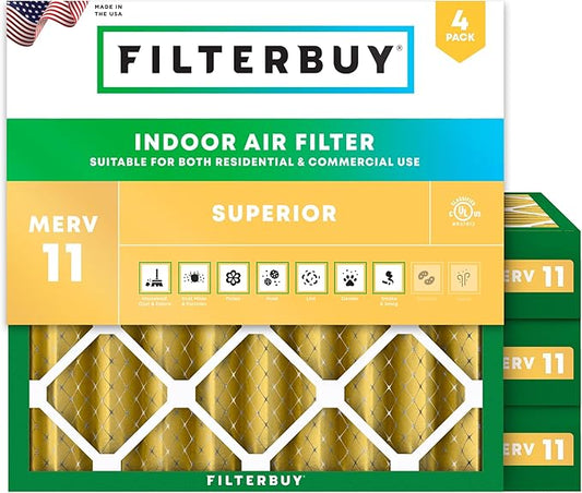 Filterbuy 25x25x4 Air Filter MERV 11 Superior Pet & Allergy Defense (4-Pack), Electrostatic Pleated HVAC AC Furnace Filters Replacement (Actual Size: 24.50 x 24.50 x 3.63)