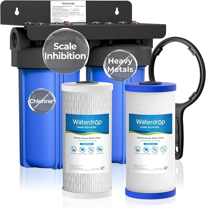 Waterdrop 2 Stage Whole House Water Filter System, with Heavy Metal and Anti-Scale Sediment Filter, Highly Reduce Iron, Scale, Lead, Chlorine, Taste, 7-Stage Filtration, WD-WHF21-SH, 1" Inlet/Outlet