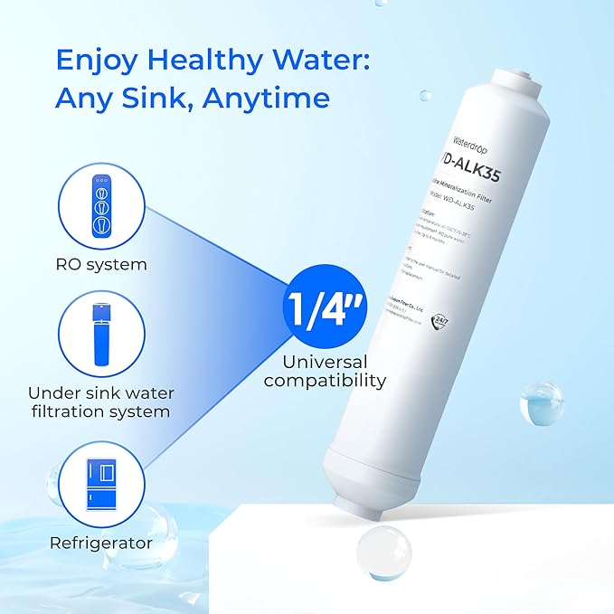 Waterdrop ALK35 𝐀𝐥𝐤𝐚𝐥𝐢𝐧𝐞 Water Filter, Alkaline Filter for Reverse Osmosis System, pH Balance and Restore Minerals for RO Filter, Under Sink Water Filter, 1/4" Quick Connect