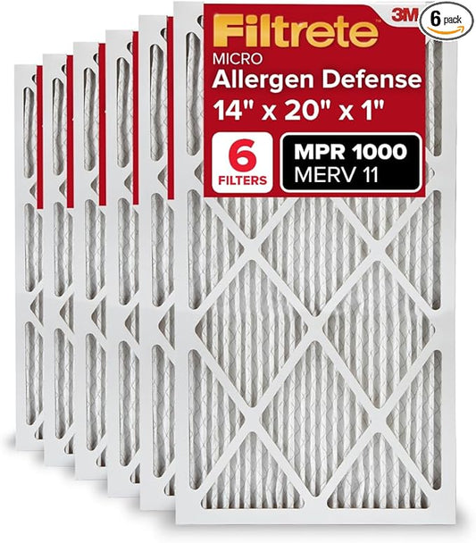 Filtrete 14x20x1 AC Furnace Air Filter, MERV 11, MPR 1000, Micro Allergen Defense, 3-Month Pleated 1-Inch Electrostatic Air Cleaning Filter, 6 Pack (Actual Size 13.81x19.81x0.81 in)