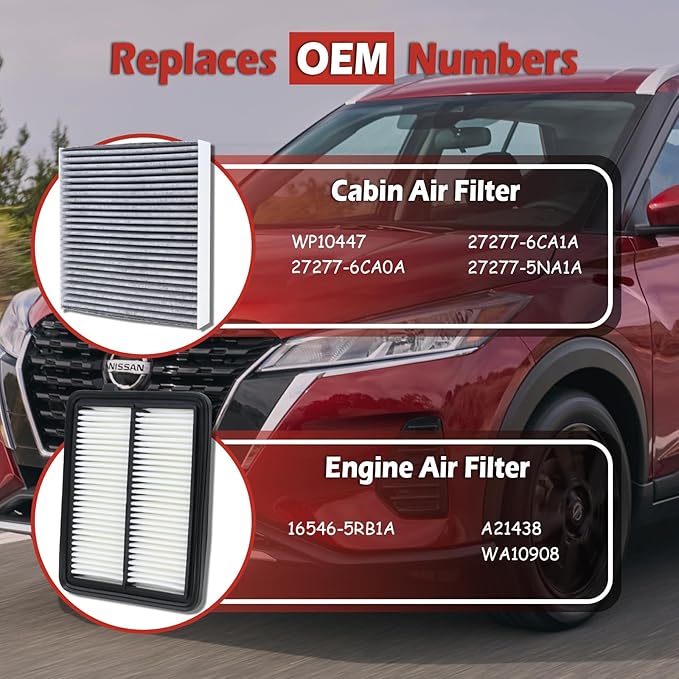 16546-5RB1A Engine Air Filter and 27277-6CA0A Cabin Air Filter kit Compatible with 2017-2024 Nissan Kicks 2020-2025 Versa L4 1.6L Replaces WA10908 27277-6CA1A