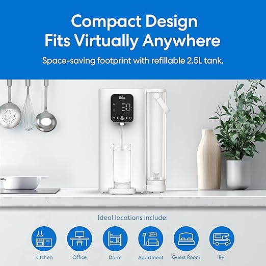 Brio SIMPL W2 Countertop Water Dispenser w/Refillable 2.5L Water Tank, 2-in-1 Sediment & Carbon Filter Included, Room Temp., LED Display w/Touch Buttons, No Plumbing Necessary, White