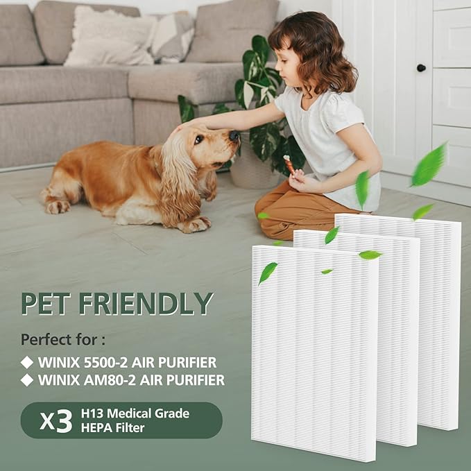 Filter H 5500-2 Replacement Filter For Winix Air Purifier 116130 Replacement Compatible with Winix 5500-2 and AM80 Air Purifier, 3 Pack HEPA Filter Only