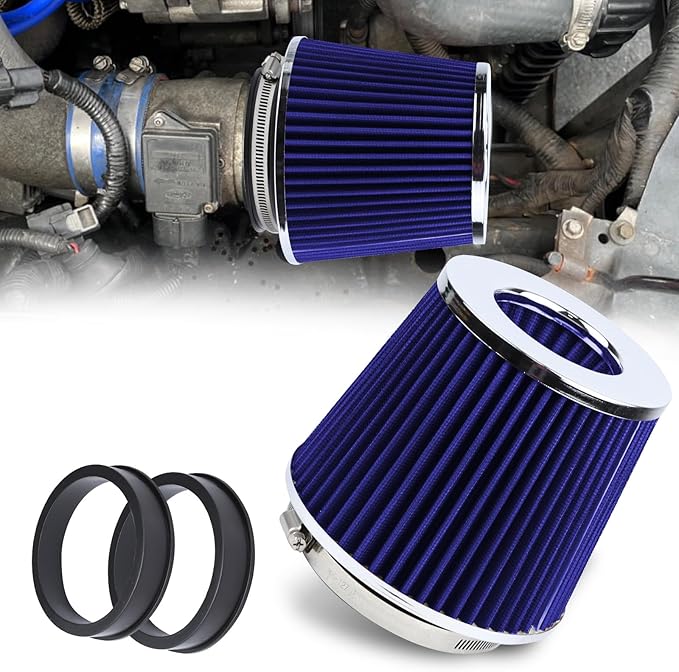Hovom Universal Clamp-On Air Intake Filter, 76 89 102MM (3/3.5/4in) High Flow Round Tapered Cold Air Intake Filter, High Performance, Washable & Reusable, Engine Filters Replacement (Blue)