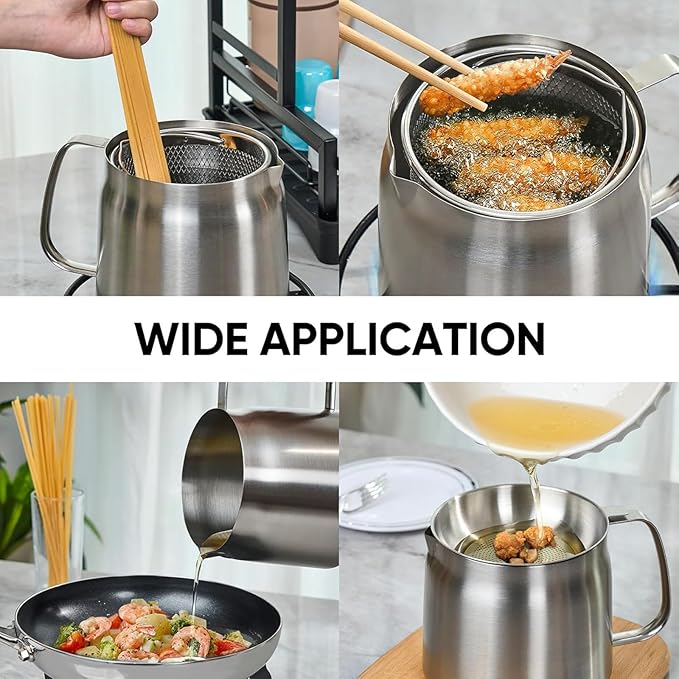 68oz Stainless Steel Oil Filter Pot with Removable Strainer – Bacon Grease Saver, Large Reusable Cooking Oil Container for Kitchen & Camping, Dishwasher-Safe Deep Fryer Basket (2L, Matte)
