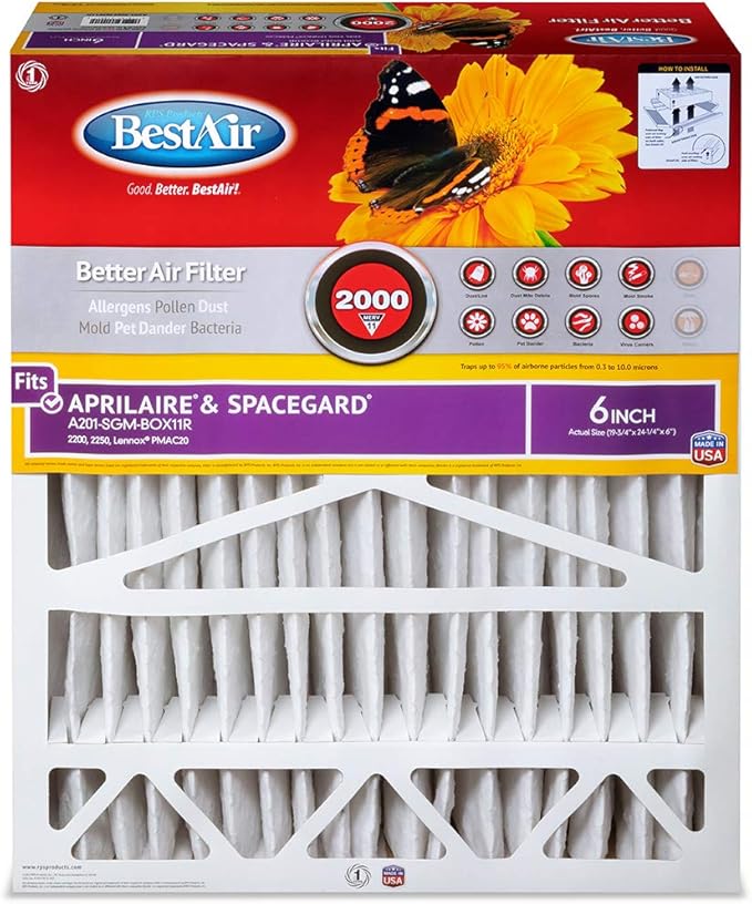 BestAir A201-SGM-BOX-11R A201-SGM-BOX11R Air Cleaning Furnace Filter with Cardboard Frame, MERV 11, for Aprilaire/SpaceGard 2200, 2250 (201) & Lennox PMAC-20C 24", 20" x 25" x 6", Single Pack