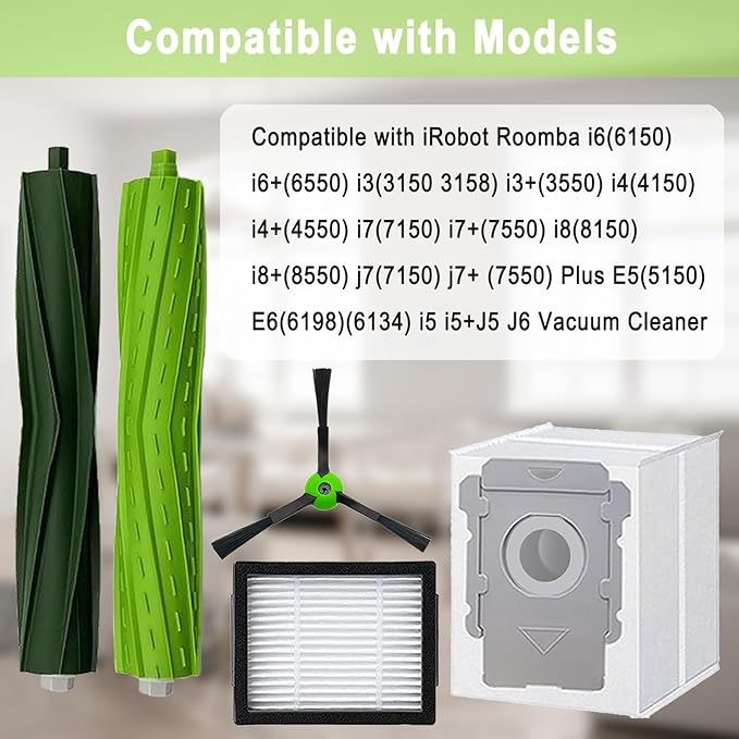 26 Pack Replacement Parts Accessories Compatible for iRobot Roomba i3 i3+ i7 i7+ i4 i6 i6+i8 i8+/Plus E5 E6 E7 J7 i5+j5+ I,E&J Series Vacuum Cleaner 2 Roller Brush & 8 Filters & 8 Side Brushes &8 bags