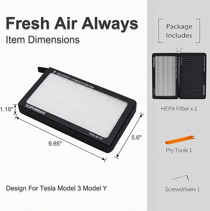 Cabin Air Filter for Tesla Model 3 Model Y (2016-2025) | 2-Pack, Activated Carbon | Dual-Layer HEPA | Replacement