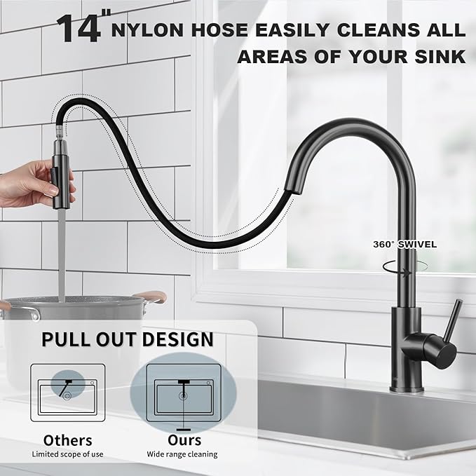 Tohlar Gray Kitchen Faucets with Pull Down Sprayer, Single Handle Kitchen Sink Faucet Gun Black Modern Staninless Steel Kitchen Faucet with Deck Plate, Gray