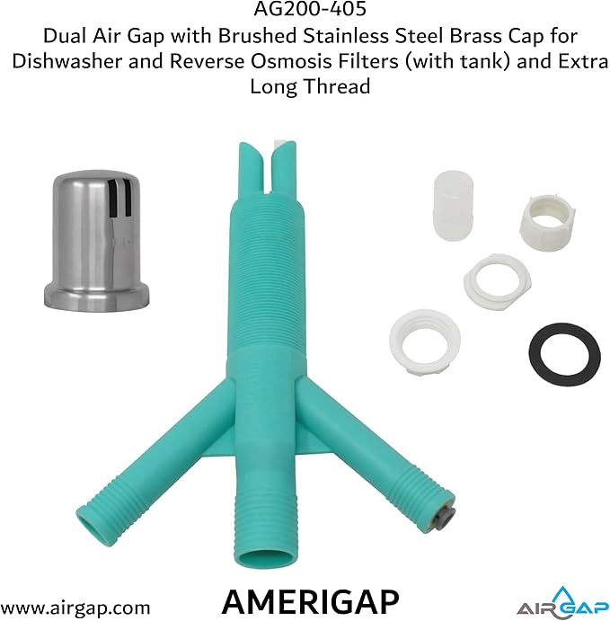 Dual Air Gap with Brushed Stainless Steel Brass Cap for Dishwasher and Reverse Osmosis Filters (with tank) and Extra Long Thread (AG200-405, AG200-X05, AMERIGAP)
