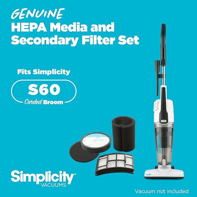 Simplicity Vacuums SF60 Certified Hepa Filter Set for Spiffy Bagless Stick Vacuum Cleaner, S60 Replacement Filter Only