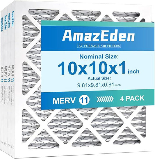 10x10x1 Furnace Air Filter MERV 11 (4-Pack) HVAC AC Pleated Filters Dust Defense Replacement for Home MPR 1000 FPR 7 (Exact Dimensions: 9.81x9.81x0.81 Inches)